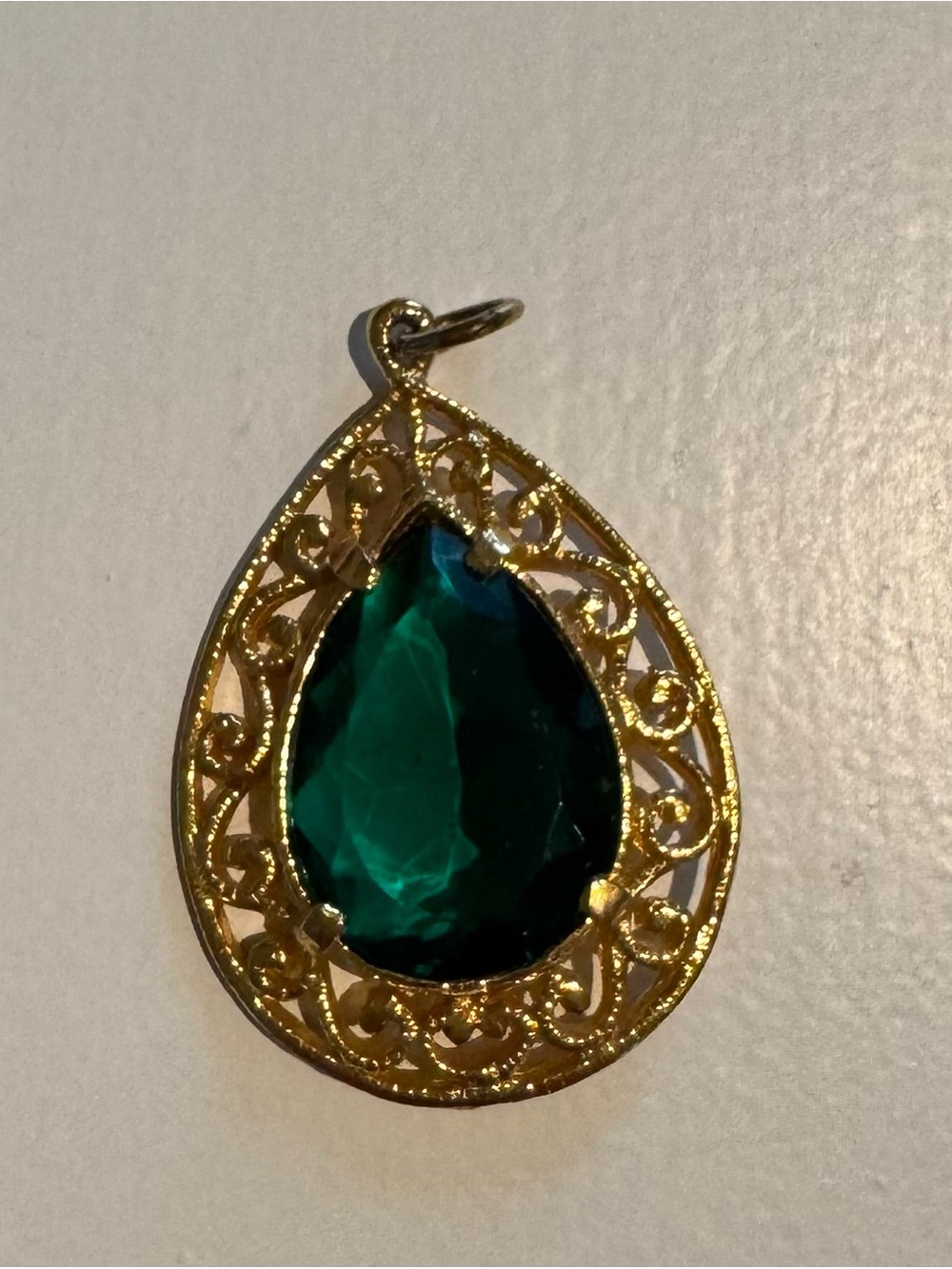 Gold Filigree Pendant with Emerald Green Teardrop Stone